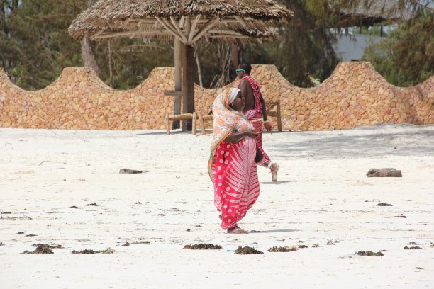 非洲，印度洋，桑给巴尔，当地的穆斯林妇女和马赛人在基温瓦海滩散步图片下载