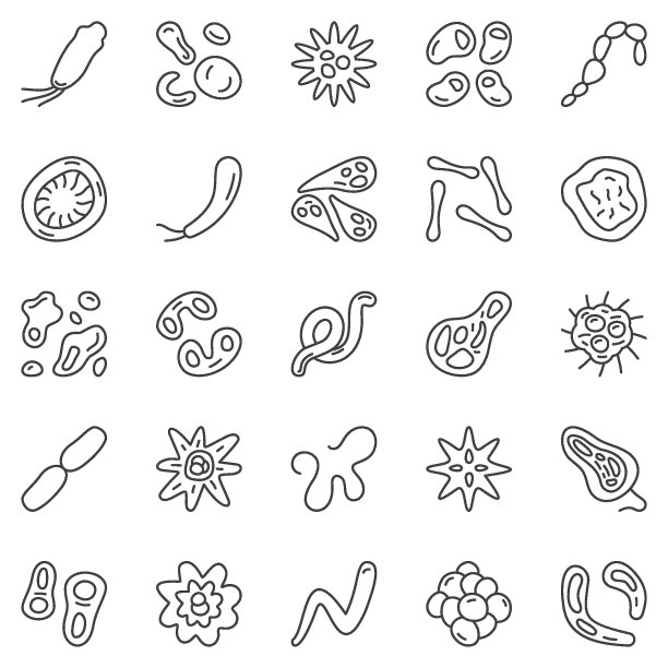 微生物和细菌概念大纲图标集-病毒矢量线符号图片下载