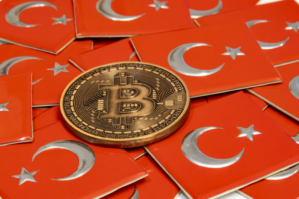 接近比特币和土耳其国旗的白色背景。图片下载