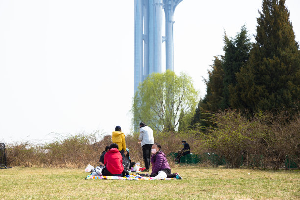 中国家庭坐在草地上享受户外的春日，在奥林匹克森林公园与他人保持距离图片下载