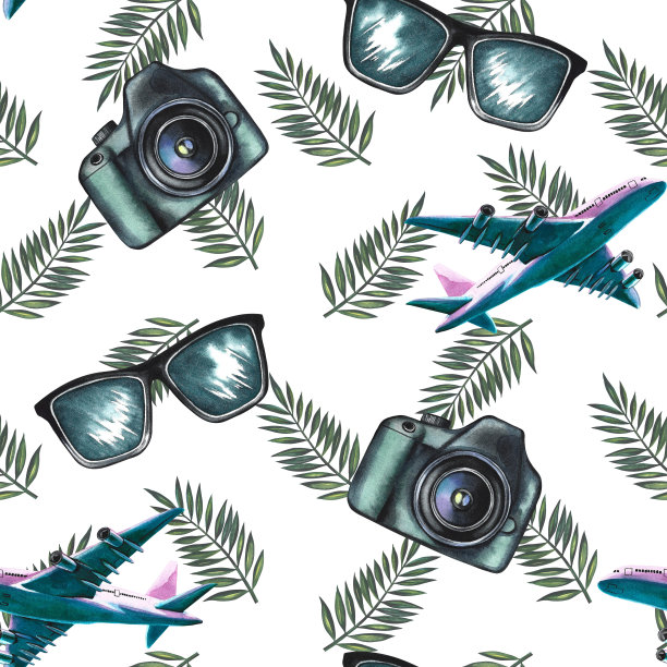 无缝图案客机，棕榈枝，照片配件和眼镜。水彩插图，手绘。创建背景，标签，包装和纺织品…图片下载