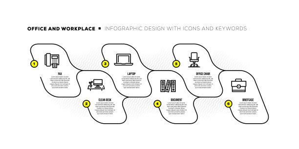 信息图表设计模板与办公室和工作场所的关键字和图标图片下载
