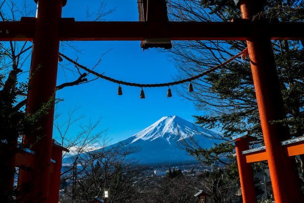 日本——富士山夹在橙色鸟居之间图片下载