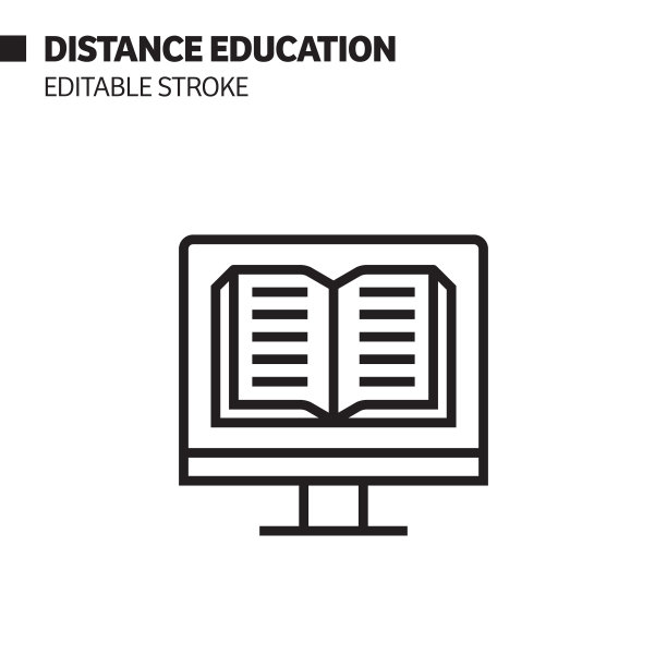 远程教育线图标，轮廓向量符号插图。完美像素，可编辑的描边。图片下载