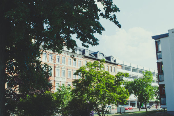 RIESA/德国- 2018年7月23日:阳光明媚的日子里，城市景观与房屋、沥青道路和树木的照片图片下载