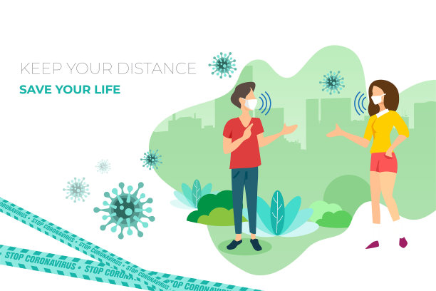 社会距离。人与人之间保持距离，避免传播COVID-19病毒。保持1-2米的距离。图片下载