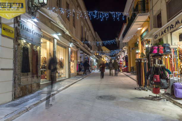 希腊雅典普拉卡老城街头的夜景照片图片下载