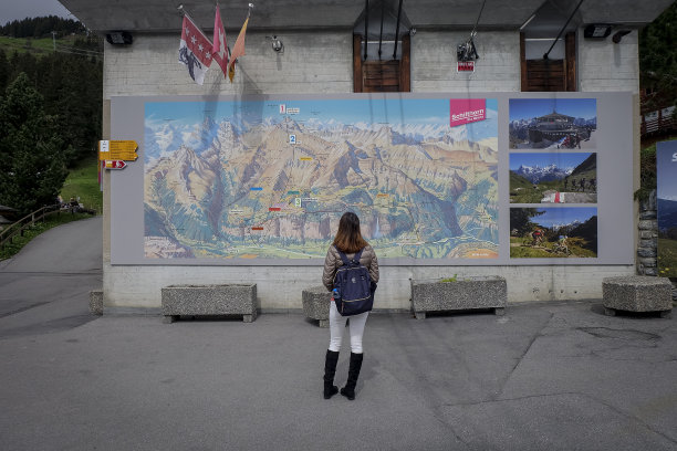 2016年6月，瑞士策马特。一位女游客正在看墙上的大旅游信息。图片下载