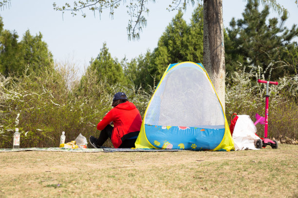 中国家庭坐在草地上享受户外的春日，在奥林匹克森林公园与他人保持距离图片下载