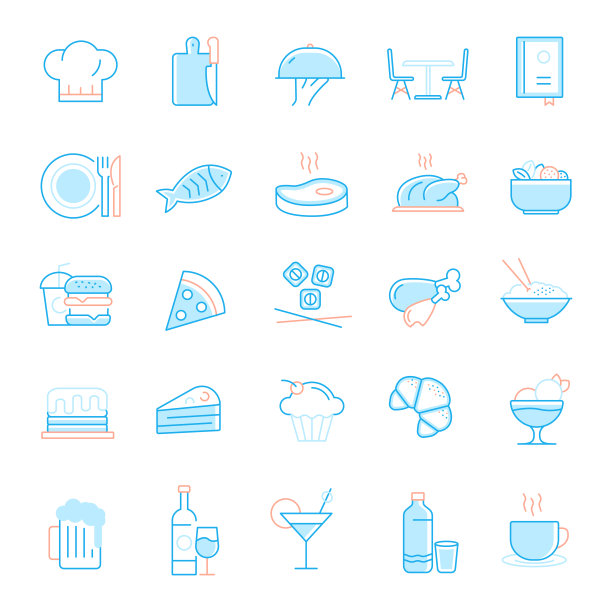 餐厅，食物和饮料相关的平坦线图标的集合。简单轮廓符号图标。图片下载