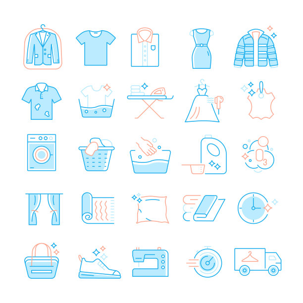 一套洗衣和干洗相关的平线图标。简单轮廓符号图标。图片下载