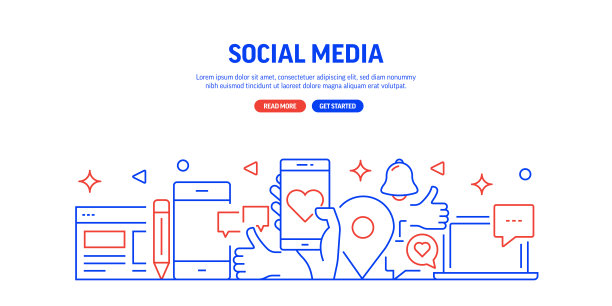 社交媒体和社交网络相关的网站横幅线条风格。现代线性设计矢量插图的网站横幅，网站标题等。图片下载