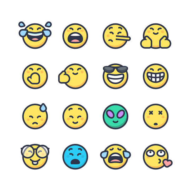 表情集合可爱的平面设计和轮廓线图片下载