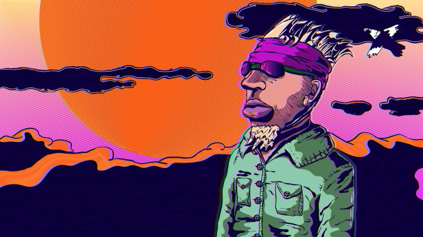 在太阳和云层的背景下，戴着墨镜的家伙。图片下载