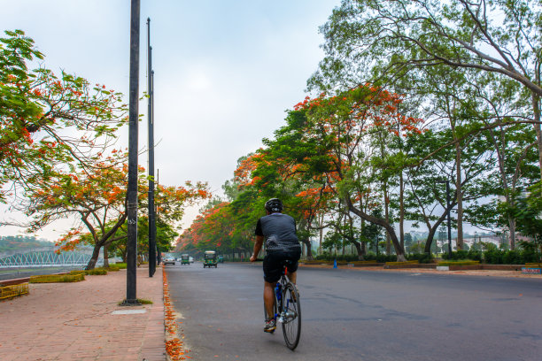 这张照片拍摄于孟加拉国议会大楼后面，图为达卡一名男子在早上骑车，这是健康生活习惯的一部分。图片下载