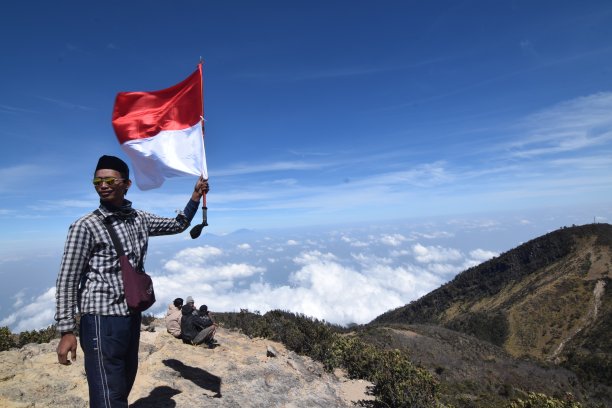 在山顶上挥舞旗帜图片下载