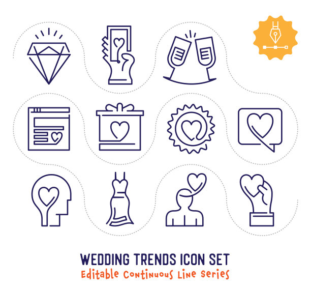 婚礼趋势编辑连续线图标包图片下载