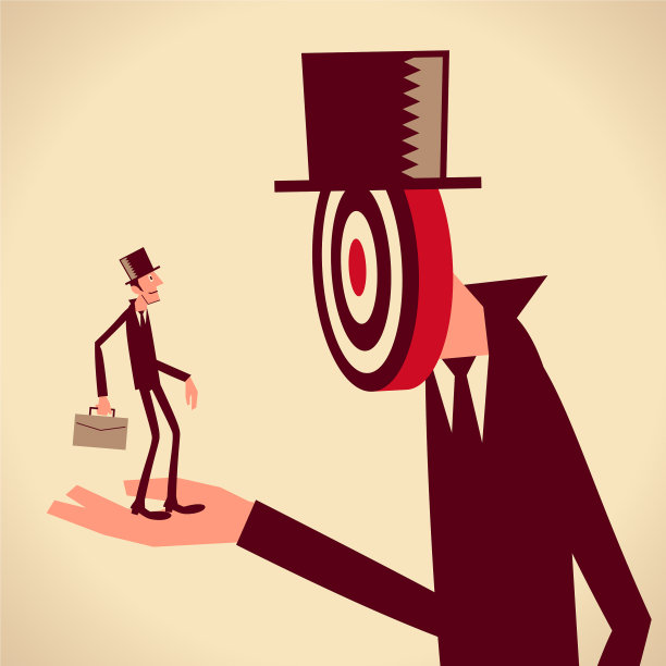 年轻的商人站在巨人的手上;这个巨人长着一张靶子脸图片下载