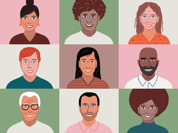 在设备屏幕上的视频会议中，不同的朋友或同事的插图图片下载