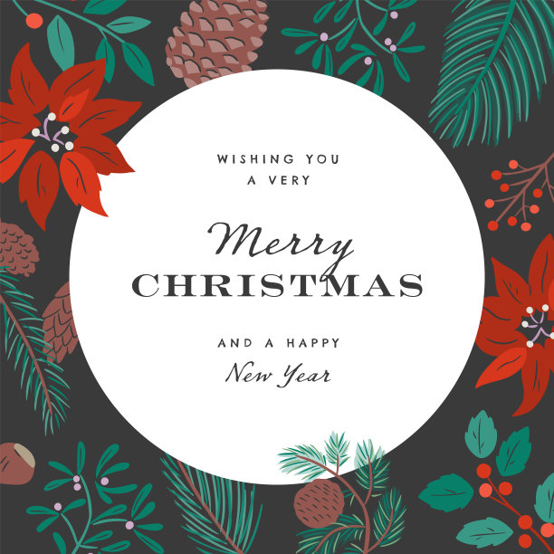 圣诞快乐设计模板与手绘矢量冬季植物图形图片下载