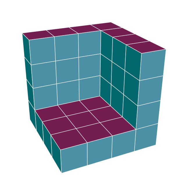 3D渲染4x4x4 = 37固体立方体不同颜色的面，形成墙体形状。与视角。图片下载