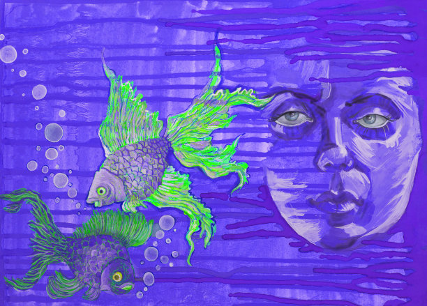时尚的插画寓言的流动性和沉默的原创艺术品水彩画肖像幻想脸看女人与长头发在水水族馆鱼在流动水彩背景在蓝色色调的水图片下载
