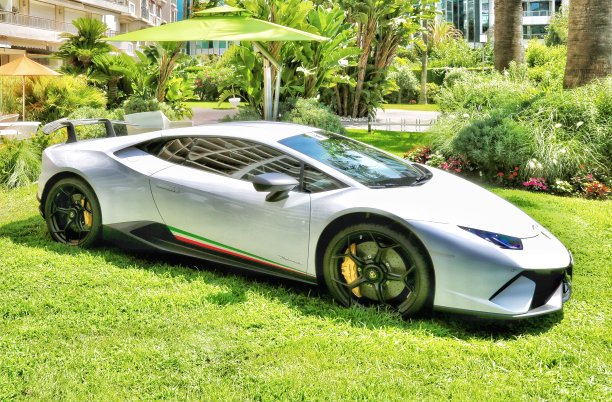 一辆白色兰博基尼胡拉坎在花园中图片下载