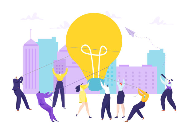 商业灯泡创新理念，团队合作人矢量插画。商人女人用绳子抓住成功的灵感图片下载