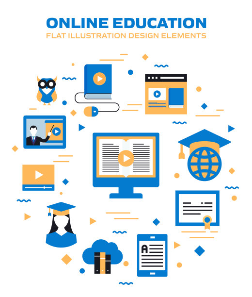 电子学习，在线教育，家庭学校相关的矢量组的平面图标和信息图形设计图片下载