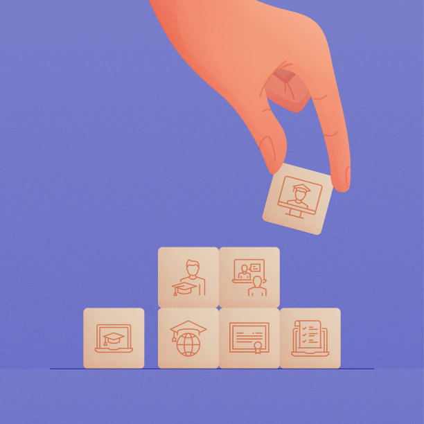 手握木制立方体与在线教育和电子学习图标的概念。图片下载