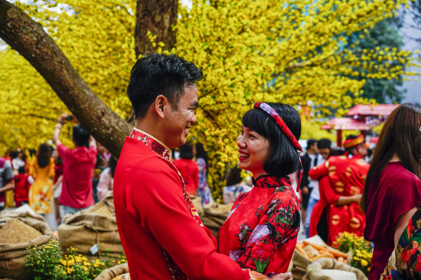 越南农历新年。越南妇女在春节期间穿着越南传统的敖戴在街上与黄花杏子合影。图片下载