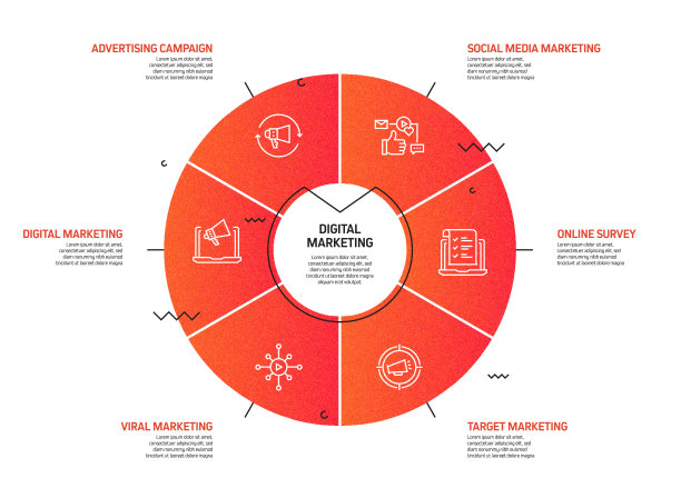 数字营销相关流程信息图模板。过程时间图。使用线性图标的工作流布局图片下载