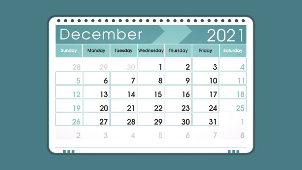 12月2021年日历页插图在不饱和的绿色，孤立在深绿色背景图片下载