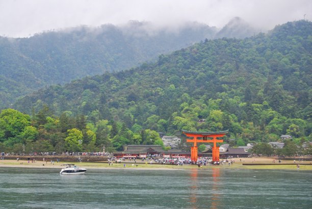 严岛神社的牌坊似乎漂浮在水面上。图片下载