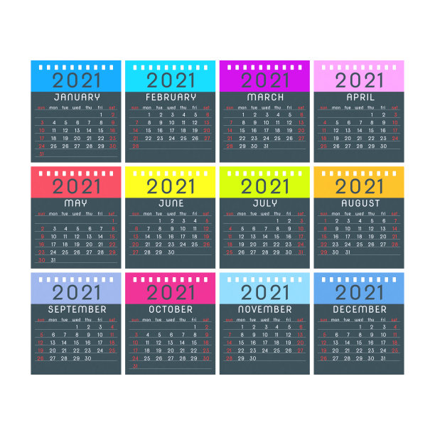 设置的2021日历月在多个颜色，孤立在一个纯白色的背景图片下载