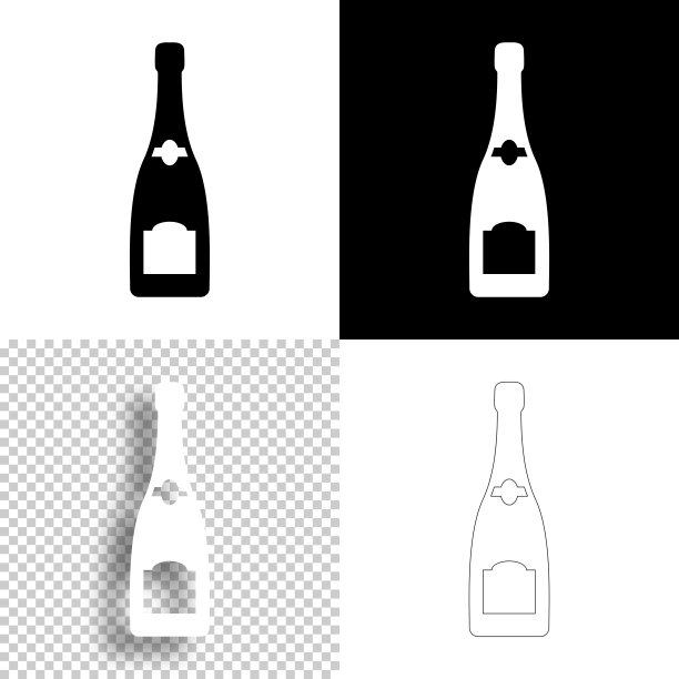 香槟酒瓶。图标设计。空白，白色和黑色背景-线图标图片下载