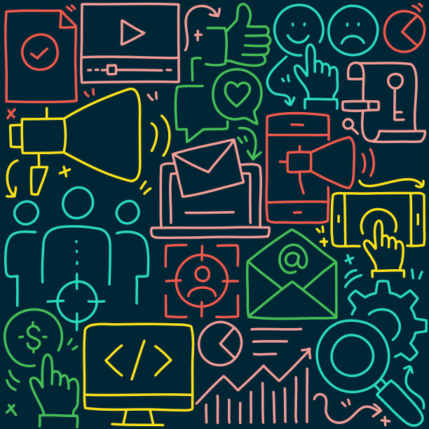 营销相关的涂鸦插图。手绘矢量营销符号和图标。图片下载