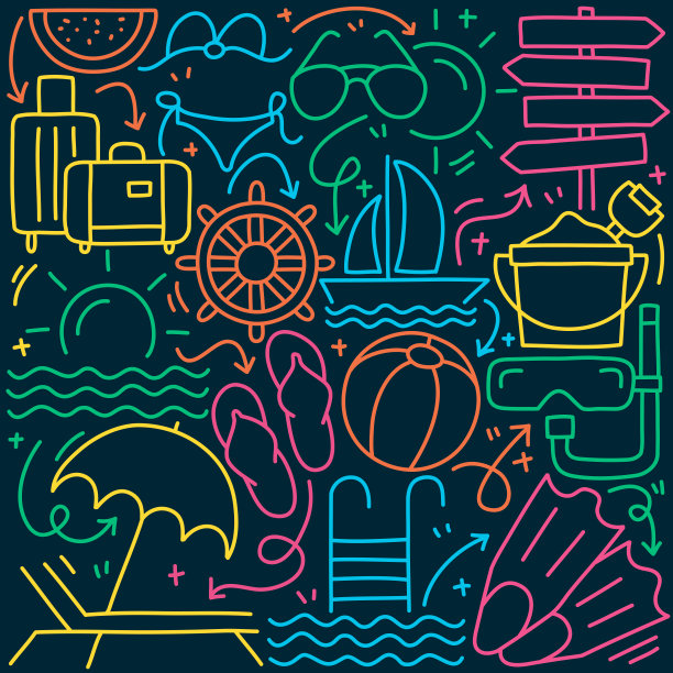 夏天和海滩相关的涂鸦插图。手绘向量夏天和海滩符号和图标。图片下载