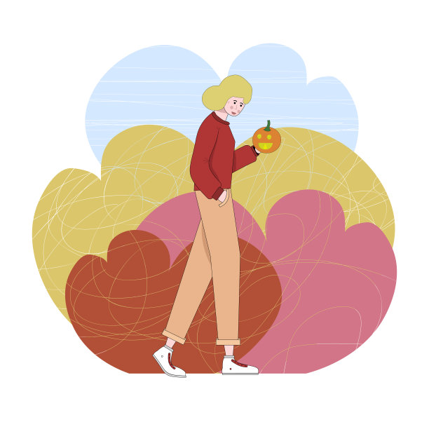 女人拿着南瓜平面插图。食品,素食。女孩拿着一个南瓜。准备万圣节之夜，回家过节图片下载