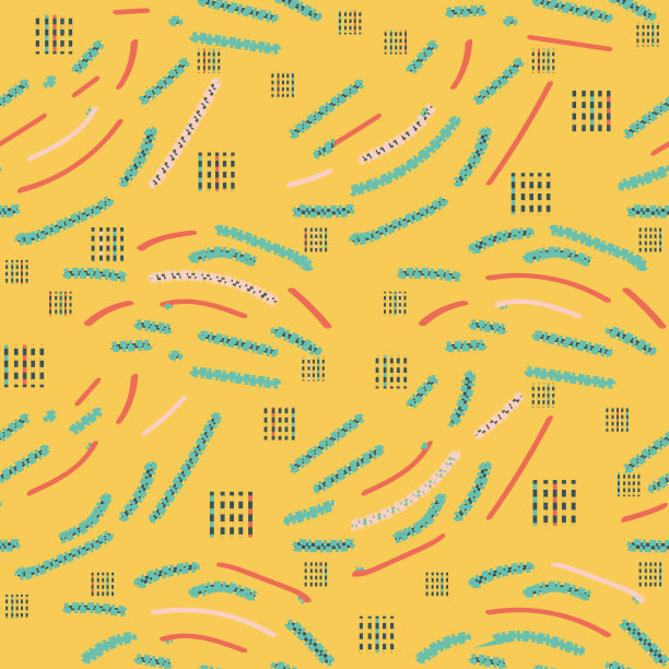 黄色，粉色，蓝色，绿色抽象无缝图案与线和点图片下载