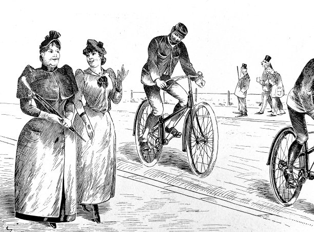 母女俩在街上谈论骑自行车的人图片下载