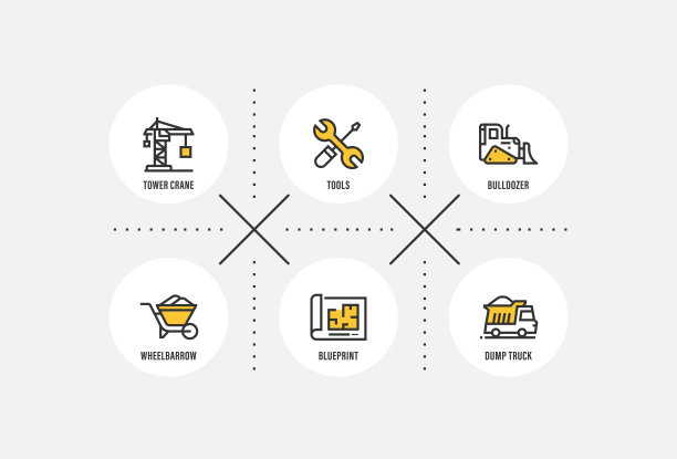 信息图表设计模板。塔吊，工具，推土机，独轮车，蓝图，自卸卡车图标6个选项或步骤。图片下载