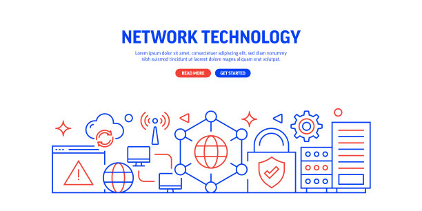 网络技术相关的网页横幅线条风格。现代线性设计矢量插图的网站横幅，网站标题等。图片下载