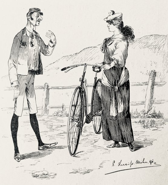 一个穿灯笼裤的男人和一个拿着自行车的女人说话图片下载