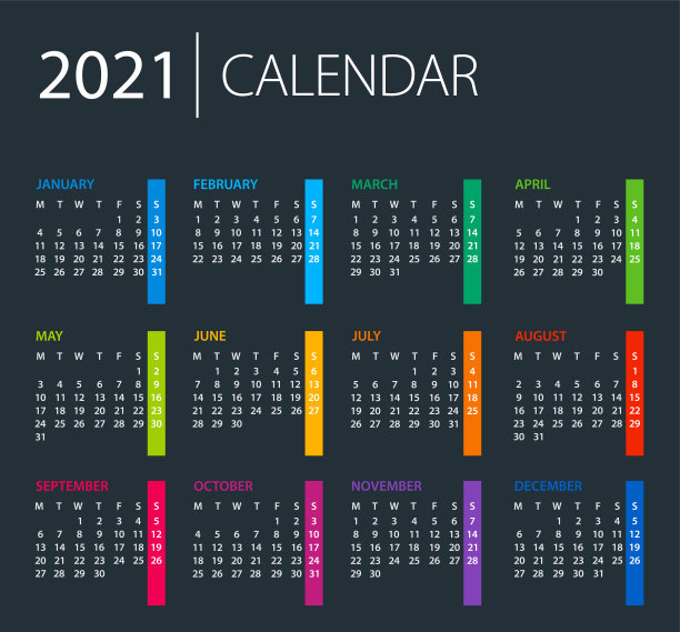 日历2021 -彩色矢量插图。下周一开始。暗的背景图片下载