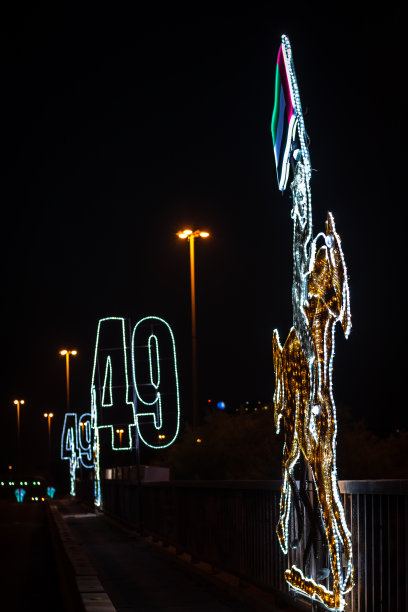 午夜时分的阿联酋首都阿布扎比：2020年11月19日，一面阿联酋国旗在宁静的天空背景下飘扬。阿联酋于每年12月2日庆祝国庆日图片下载