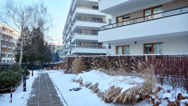 在一个寒冷的冬日早晨，一个现代化的住宅区。图片下载