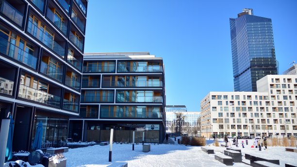 在一个寒冷的冬日早晨，一个现代化的住宅区。图片下载