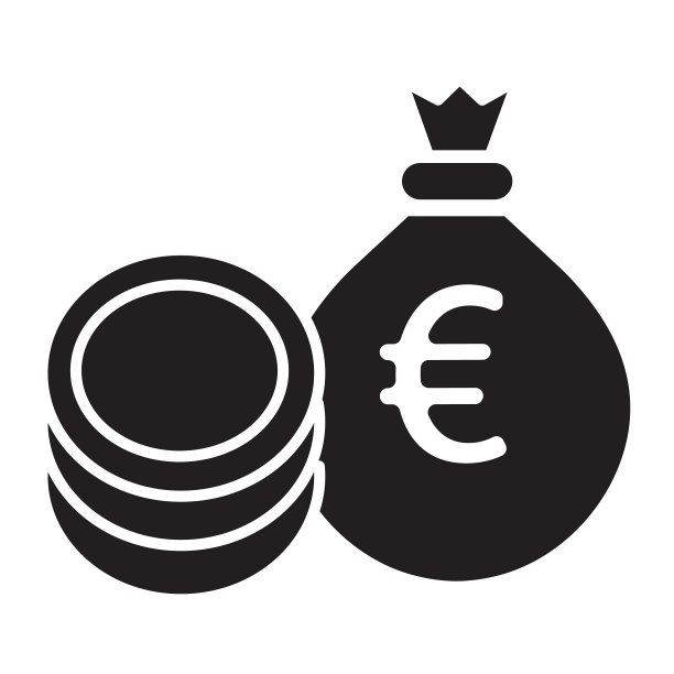 货币和银行欧元钱袋与硬币堆叠图标图片下载