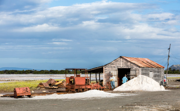 这是一个戏剧性的图片，一个盐厂和盐碱地与成堆的白色盐和火车车厢。图片下载